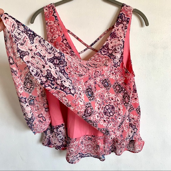 Decree Pink Paisley Criss Cross Layer Tank Blouse - Picture 2 of 9